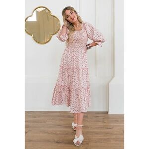Ivy City Co Madeline Dress in Pink Floral Midi Dress Boho Tiered Size XXS